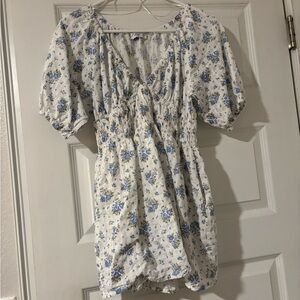 Floral Print Romper with Blue and White Pattern
